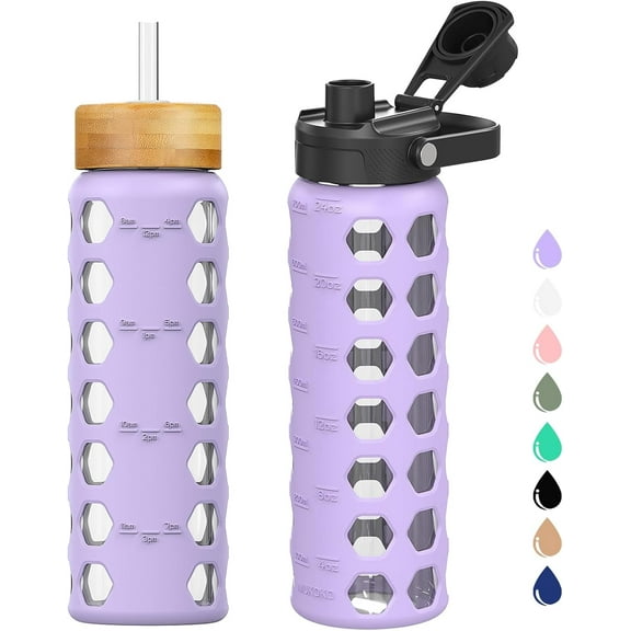 MUKOKO 24oz Glass Water Bottle, Glass Reusable Bottle with Silicone Sleeve and Straw, 1 Cup 2 Lids, Purple