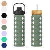 MUKOKO  Glass Water Bottle, Motivational Water Tumbler with 2 Lids and Straw, Time Marker Silicone Sleeve