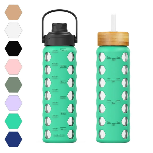 Glass Water Bottle With Silicone Sleeve And Straw MUKOKO 24oz Glass Water Bottles, Motivational Water Tumbler with 2 Lids