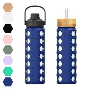 MUKOKO 24oz Glass Water Bottles, Motivational Water Tumbler with 2 Lids-Handle Spout Lid&Bamboo Straw Lid, Time Marker Reminder and Silicone Sleeve, Blue