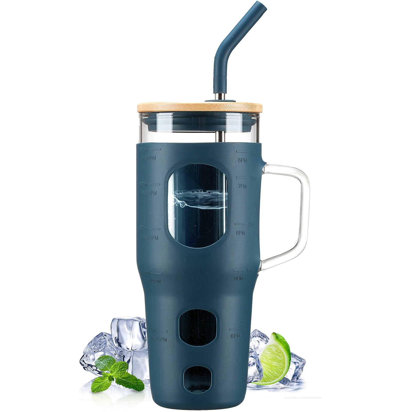 MUKOKO 32 oz Glass Tumbler , Glass Water Bottle with Capacity Marker and Silicone Sleeve, Iced Coffee Drinking Cup with Straw and Lid, Leakproof Suitable for Cup Holders, Blue