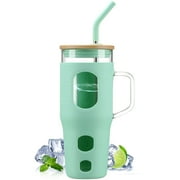 MUKOKO 32 oz Glass Tumbler , Glass Water Bottle with Capacity Marker and Silicone Sleeve, Iced Coffee Drinking Cup with Straw and Lid, Leakproof Suitable for Cup Holders, Green