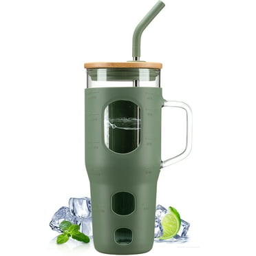 MUKOKO 32 oz Glass Tumbler , Glass Water Bottle with Capacity Marker and Silicone Sleeve, Iced Coffee Drinking Cup with Straw and Lid, Leakproof Suitable for Cup Holders, Olive