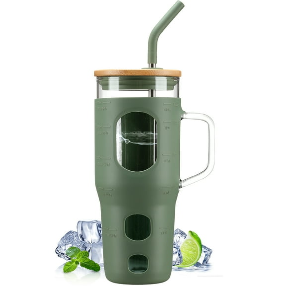MUKOKO 32 oz Glass Tumbler , Glass Water Bottle with Capacity Marker and Silicone Sleeve, Iced Coffee Drinking Cup with Straw and Lid, Leakproof Suitable for Cup Holders, Olive