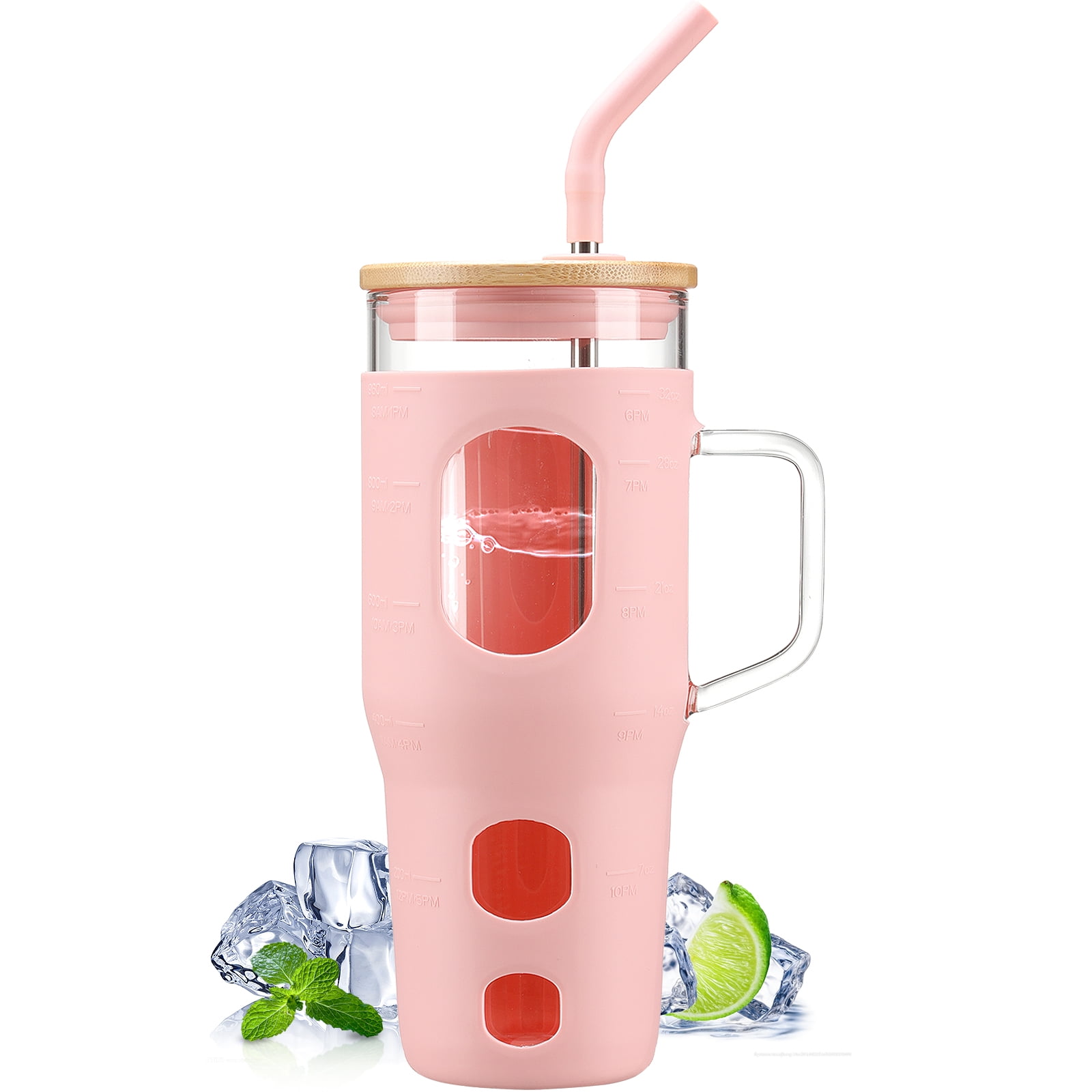 MUKOKO 32 oz Glass Tumbler , Glass Water Bottle with Capacity Marker and Silicone Sleeve, Iced Coffee Drinking Cup with Straw and Lid, Leakproof Suitable for Cup Holders, Pink