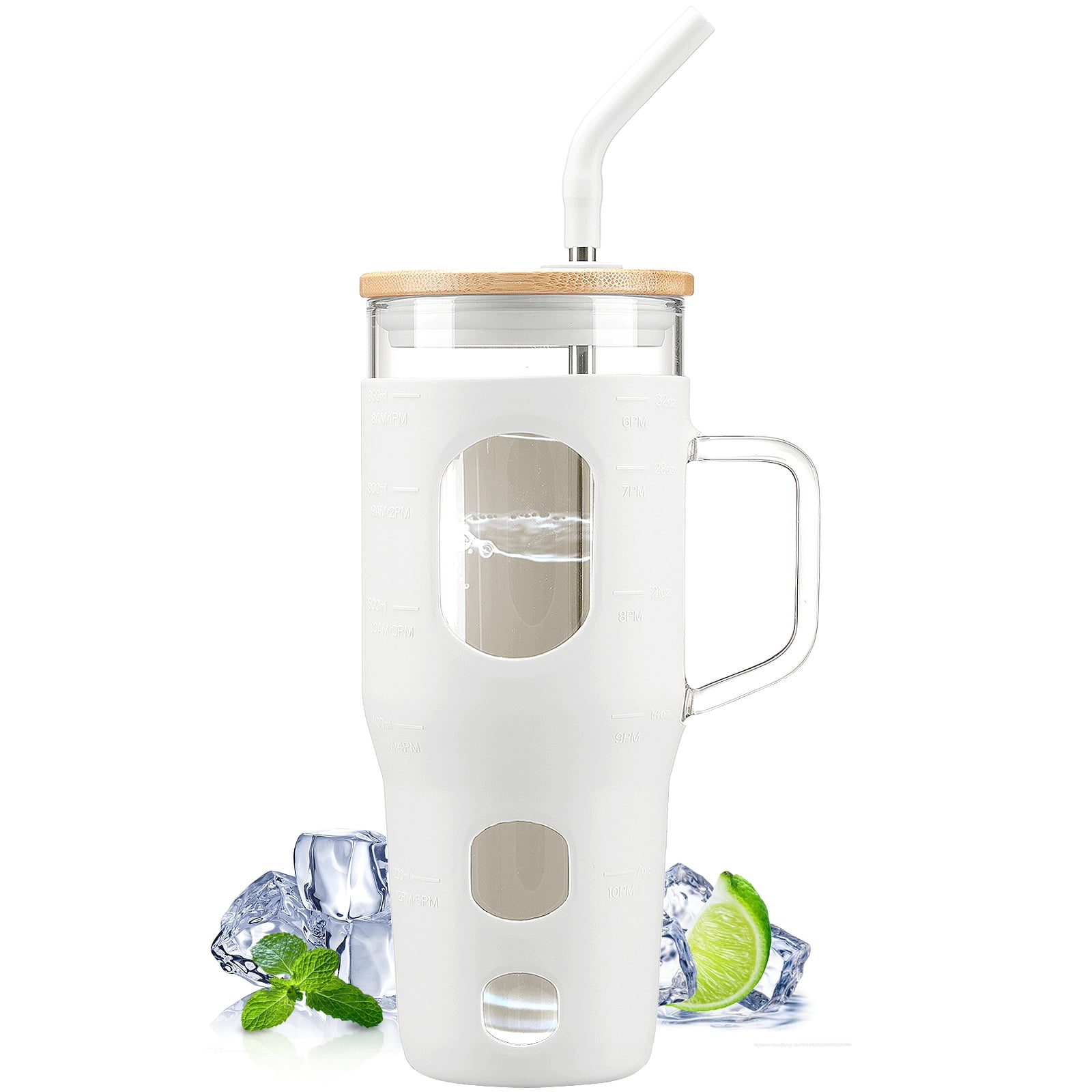 MUKOKO 32 oz Glass Tumbler , Glass Water Bottle with Capacity Marker and Silicone Sleeve, Iced Coffee Drinking Cup with Straw and Lid, Leakproof Suitable for Cup Holders, White