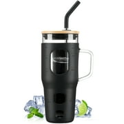 MUKOKO 32 oz Glass Tumbler , Glass Water Bottle with Capacity Marker and Silicone Sleeve, Iced Coffee Drinking Cup with Straw and Lid, Leakproof Suitable for Cup Holders, Black