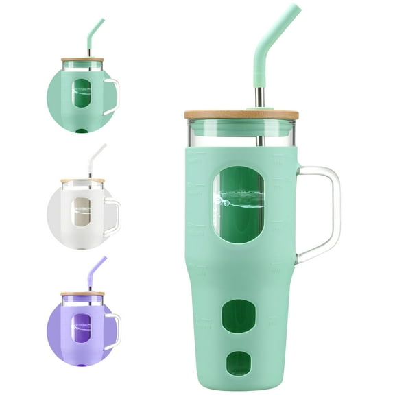 MUKOKO 32oz Glass Tumbler, Glass Water Bottle with Lid and Straw, Iced Coffee Tumbler with Handle, Green