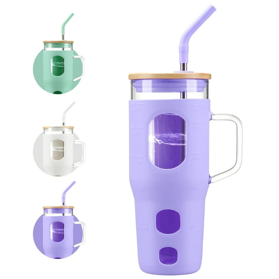 MUKOKO 32oz Glass Tumbler, Glass Water Bottle with Lid and Straw, Iced Coffee Tumbler with Handle, Purple