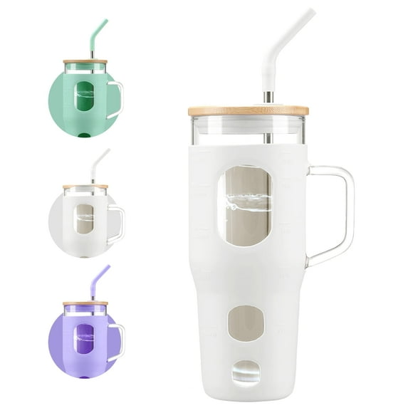 MUKOKO 32oz Glass Tumbler, Glass Water Bottle with Lid and Straw, Iced Coffee Tumbler with Handle, White
