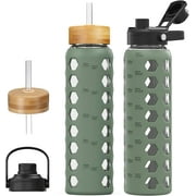 MUKOKO 32oz Glass Water Bottle, Glass Reusable Bottle with Silicone Sleeve and Straw, 1 Cup 2 Lids, Olive