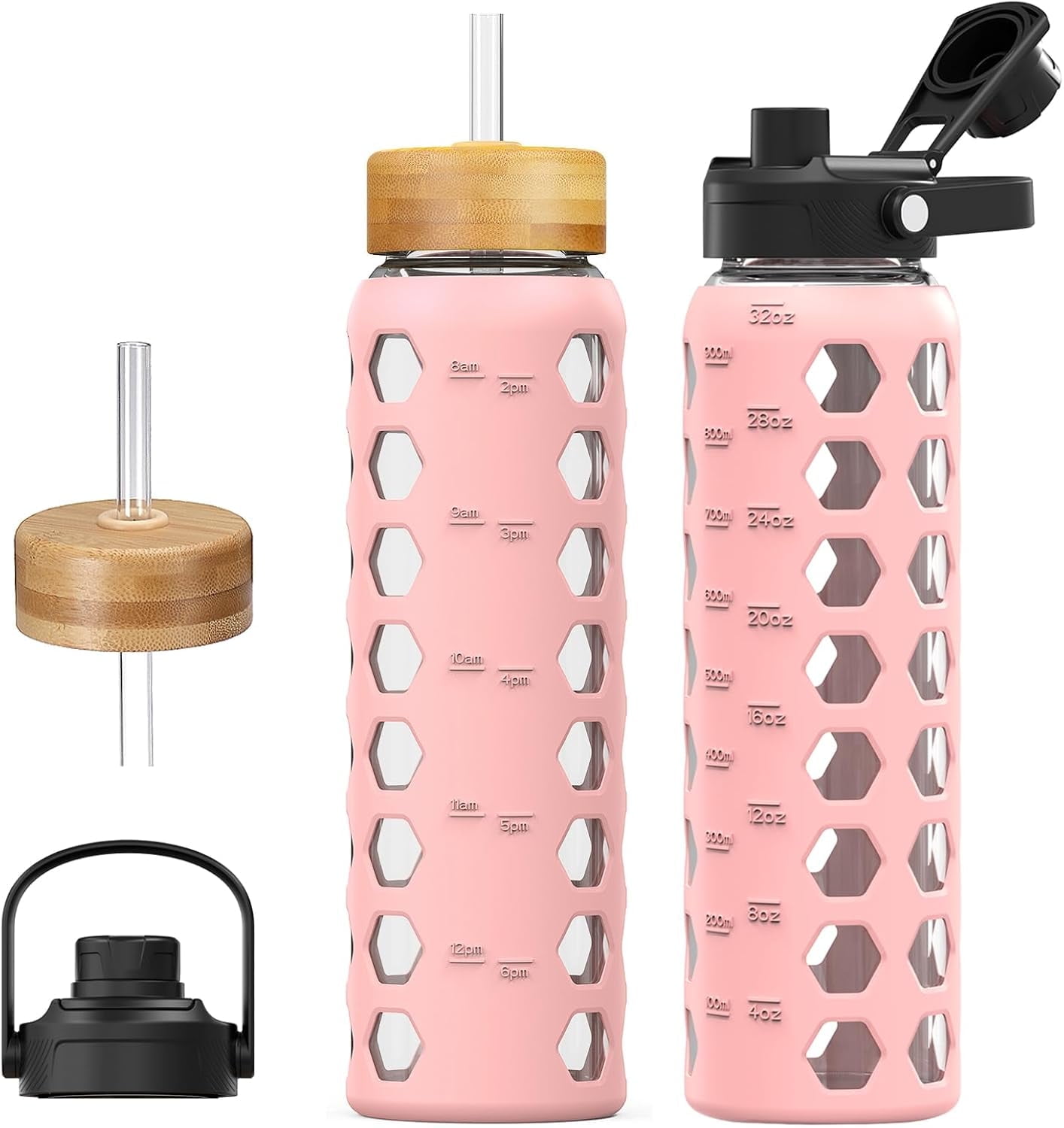 MUKOKO 32oz Glass Water Bottle, Glass Reusable Bottle with Silicone Sleeve and Straw, 1 Cup 2 Lids, Pink