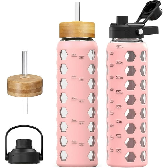 MUKOKO 32oz Glass Water Bottle, Glass Reusable Bottle with Silicone Sleeve and Straw, 1 Cup 2 Lids, Pink