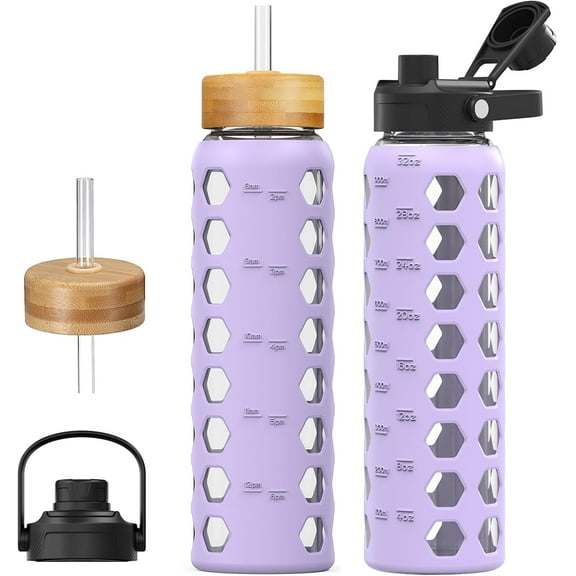 MUKOKO 32oz Glass Water Bottle, Glass Reusable Bottle with Silicone Sleeve and Straw, 1 Cup 2 Lids, Purple