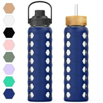 MUKOKO 32oz Glass Water Bottles, Motivational Water Tumbler with 2 Lids-Handle Spout Lid&Bamboo Straw Lid, Time Marker Reminder and Silicone Sleeve, Blue