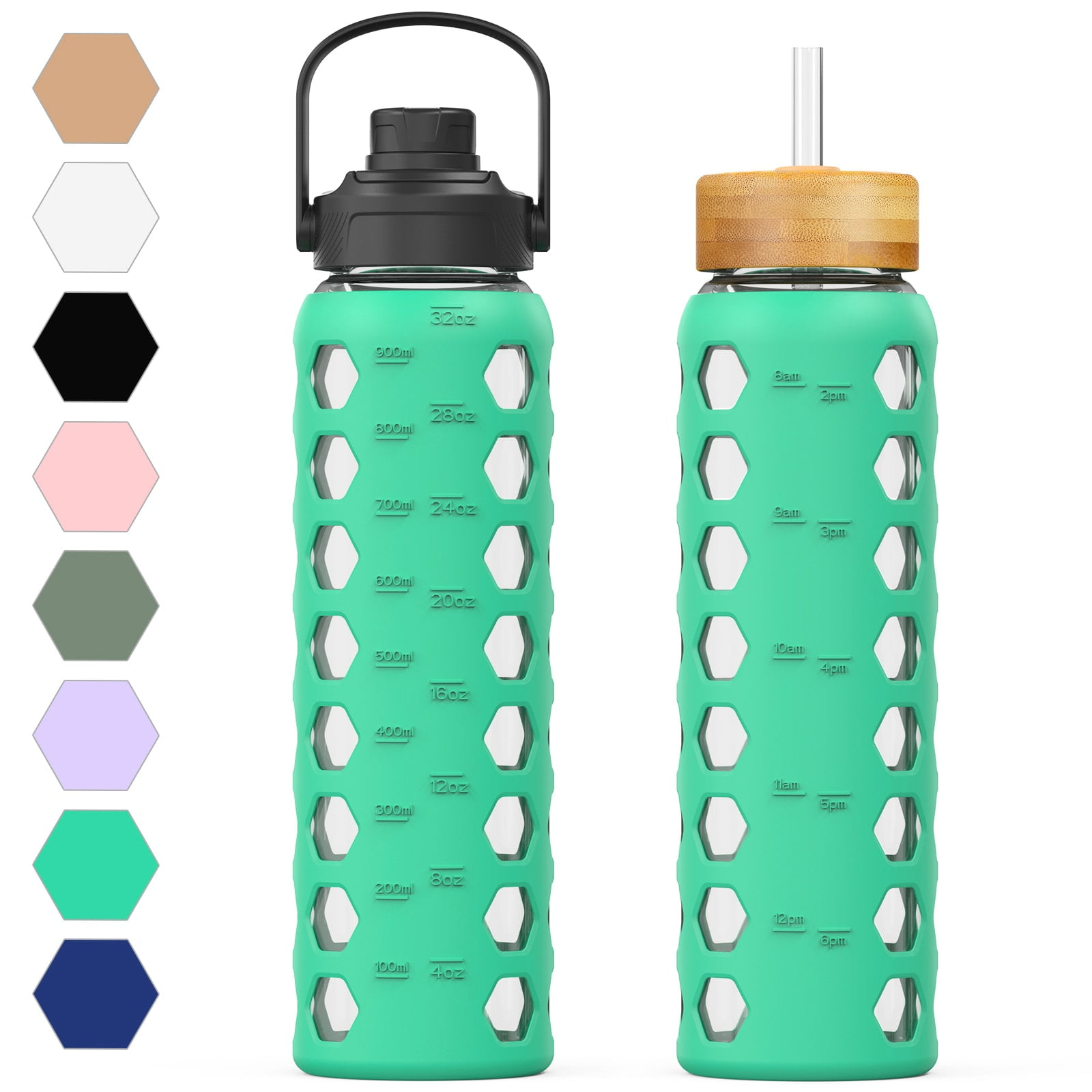 MUKOKO 32oz Glass Water Bottles, Motivational Water Tumbler with 2 Lids-Handle Spout Lid&Bamboo Straw Lid, Time Marker Reminder and Silicone Sleeve, Green