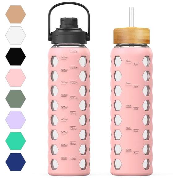 MUKOKO 32oz Glass Water Bottles, Motivational Water Tumbler with 2 Lids-Handle Spout Lid&Bamboo Straw Lid, Time Marker Reminder and Silicone Sleeve, Pink