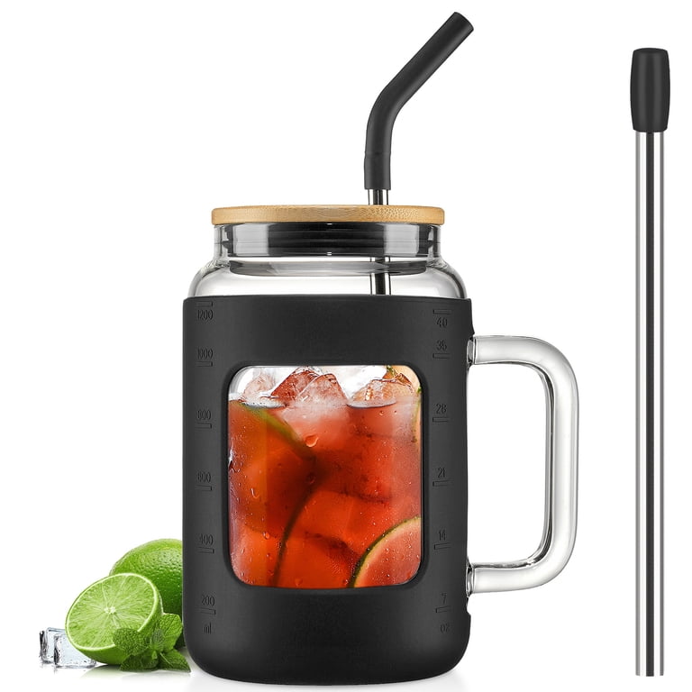 MUKOKO 40oz Glass Tumbler with Bamboo Lid and Straw, Glass Water Bottles  with Time and Ounce Marker, Glass Cups with Handle, Iced Coffee Cup with ...
