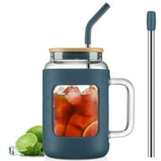 MUKOKO 40oz Glass Water Bottle with Bamboo Lid and Straw, Drinking Glasses Cups with Time Ounce Marker and Handle, Blue