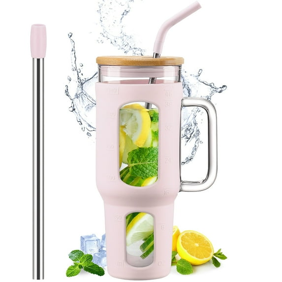 MUKOKO 46oz Glass Tumbler, Glass Water Bottles with Handle, Iced Coffee Cup Fits in Most Car Cup Holders, Cotton Pink
