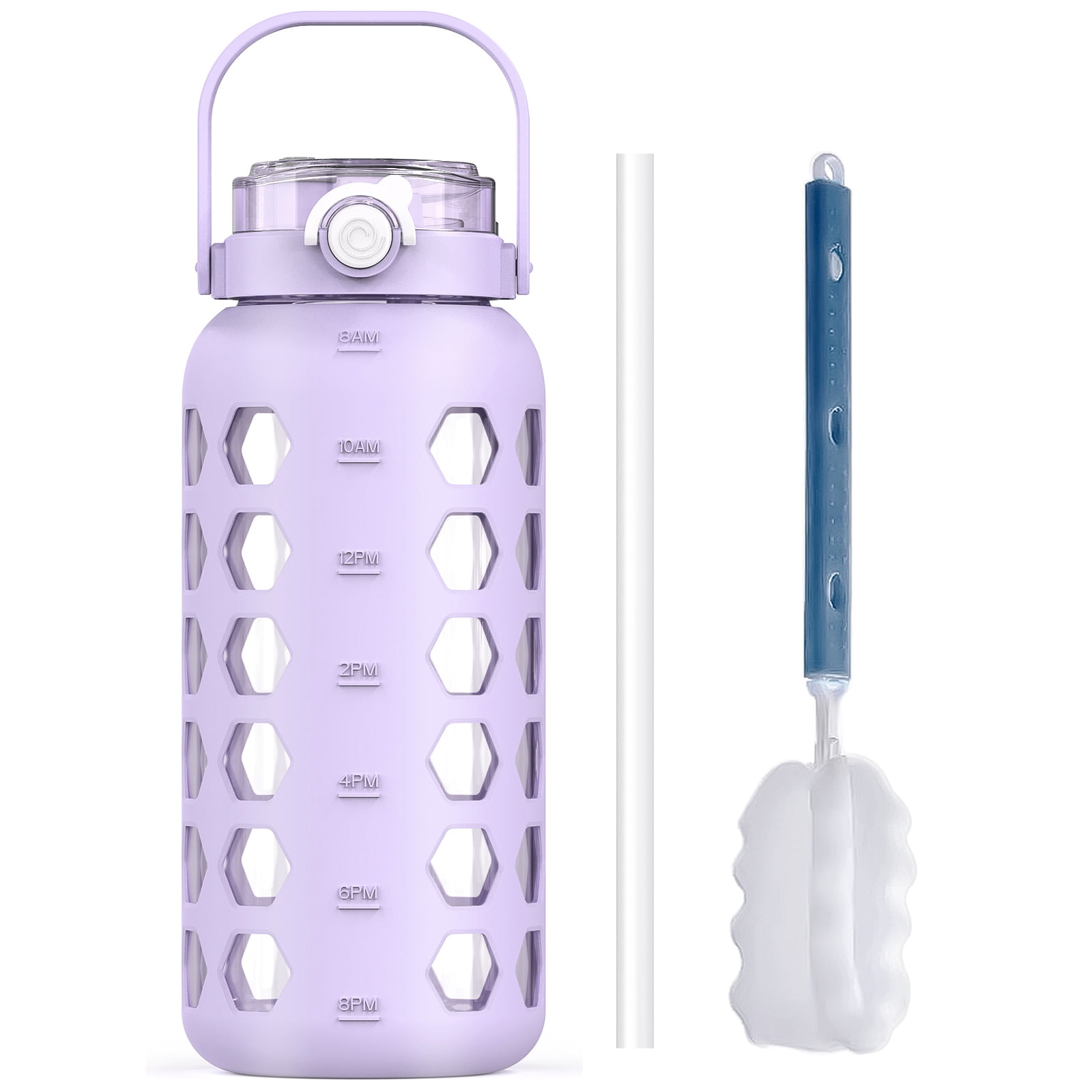 MUKOKO 64 oz Glass Water Bottles, Half Gallon Water Bottle with Silicone Sleeve, Water Jug with Straw and Lid, Purple