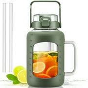 MUKOKO 64oz Glass Water Bottle, Glass Tumblers with Straw and Handle, Iced Coffee Cup Silicone Sleeve with Time and Water Marker, Water Jug, Pink