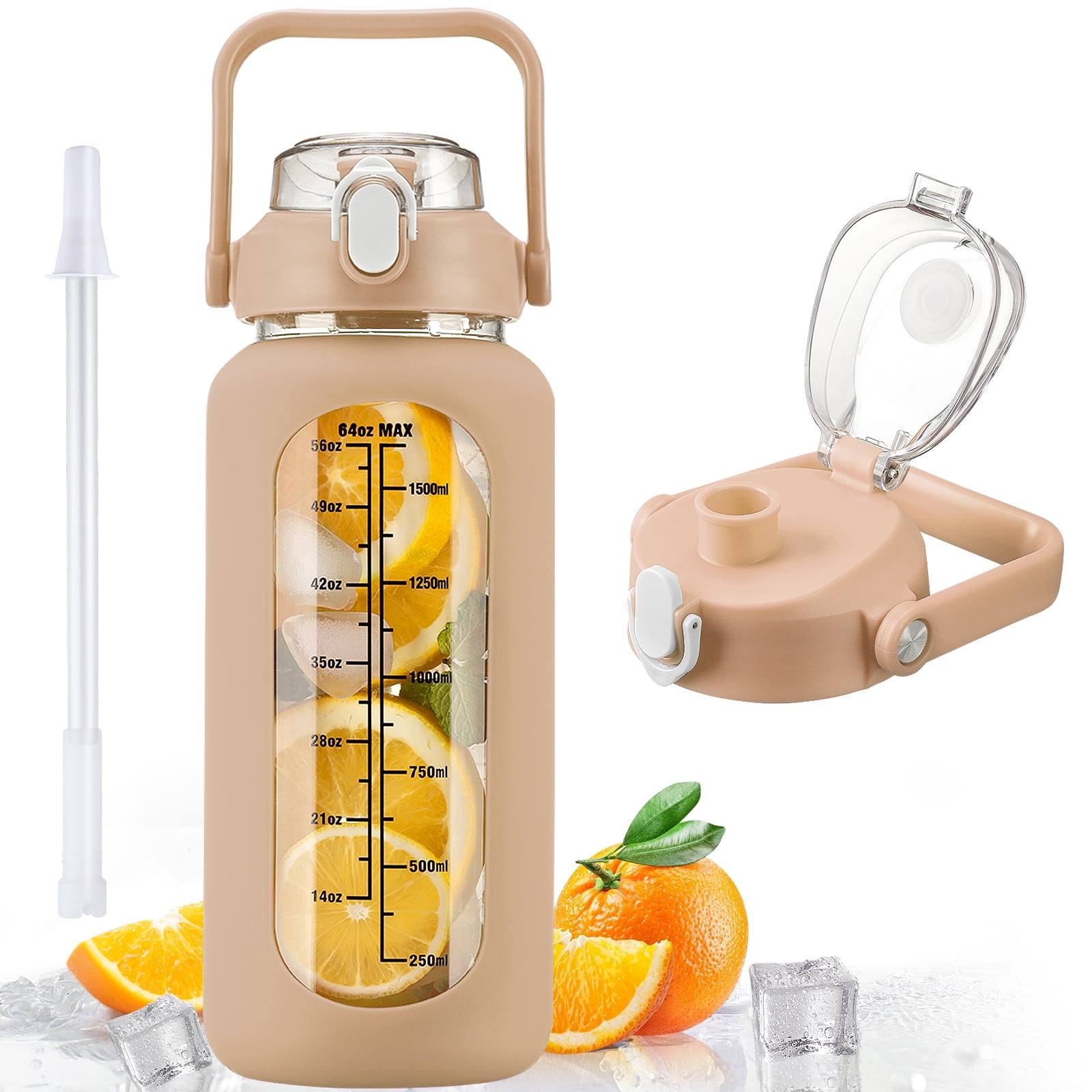 Glass Water Bottle With Silicone Sleeve And Straw MUKOKO 64oz Glass Water Bottles, Motivational Glass Bottle with