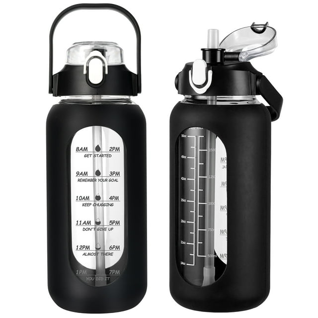 Glass Water Bottle With Silicone Sleeve And Straw MUKOKO 64oz Glass Water Bottles, Water Jug with Silicone Sleeve, Half