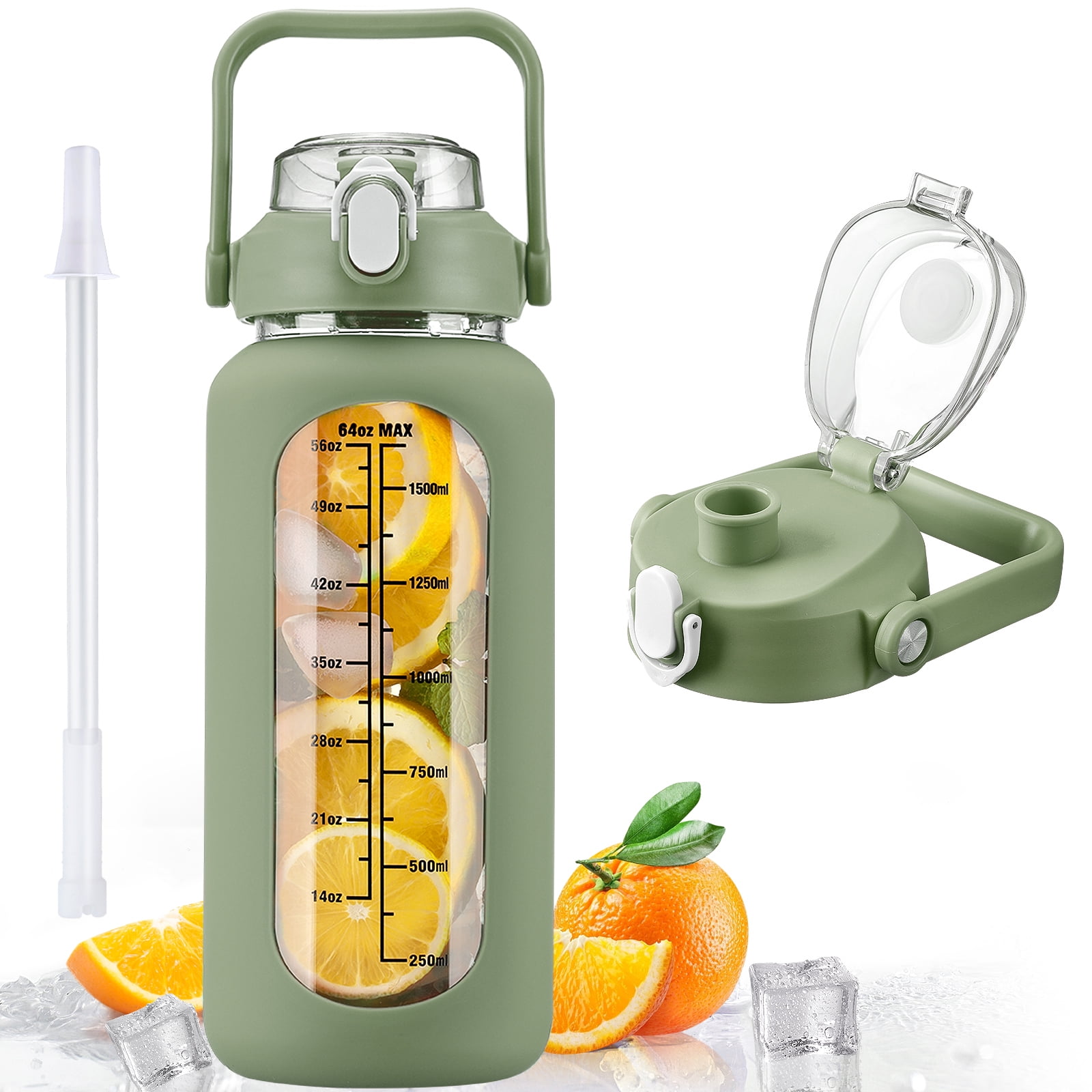 Fluhun 64oz Glass Water Bottle With Straw & Strap | Half Gallon Motivational Bottle With Silicone Sleeve, White