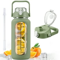 MUKOKO 64oz Glass Water Bottles, Motivational Glass Bottle with Silicone Sleeve, Straw and Time Marker, Leakproof Large Half Gallon Glass Water Jug for Gym Home Office, Olive