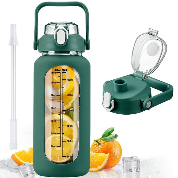MUKOKO 64oz Glass Water Bottles, Motivational Glass Bottle with Silicone Sleeve, Straw and Time Marker, Leakproof Large Half Gallon Glass Water Jug for Gym Home Office, Dark Green