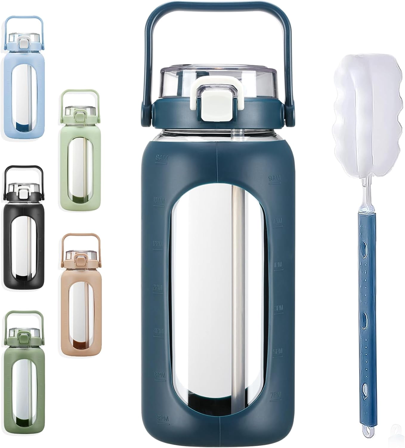 MUKOKO 64oz Water Jug, Glass Water Bottle Container with Straw, Lid and Silicone Sleeve, Dark Blue