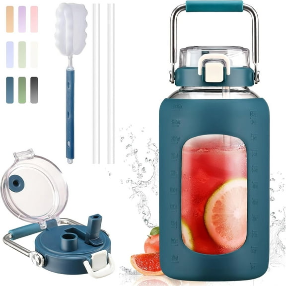 MUKOKO 84oz Glass Water Bottle, 2.5L Gallon Water Jug with Straw Lid and Stainless Steel Handle, Motivational Capacity Marker, Blue