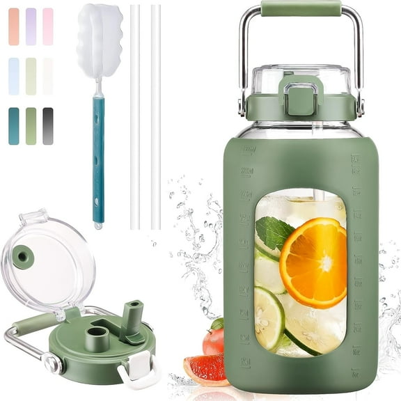 MUKOKO 84oz Glass Water Bottle, 2.5L Gallon Water Jug with Straw Lid and Stainless Steel Handle, Motivational Capacity Marker, Olive