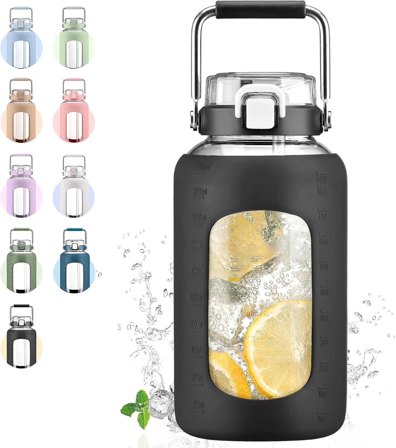 MUKOKO 84oz Glass Water Bottle, 2.5L Gallon Water Jug with Straw Lid and Stainless Steel Handle, Motivational Capacity Marker, Black