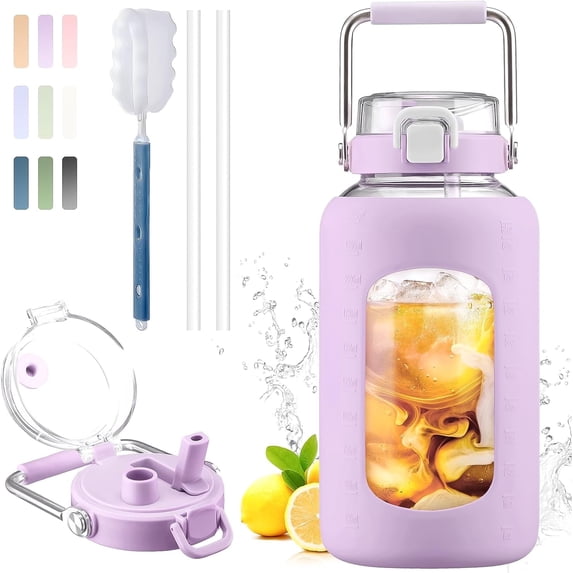 MUKOKO 84oz Glass Water Bottle, 2.5L Gallon Water Jug with Straw Lid and Stainless Steel Handle, Motivational Capacity Marker, Purple