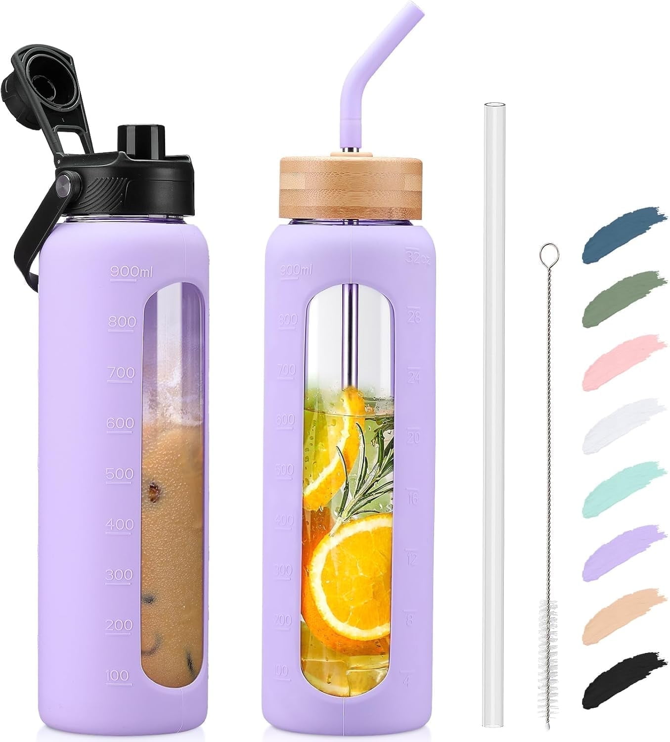 MUKOKO Glass Water Bottle, 24oz Sports Drinking Tumbler with Silicone Sleeve and Straw, 1 Cup 2 Lids, Purple