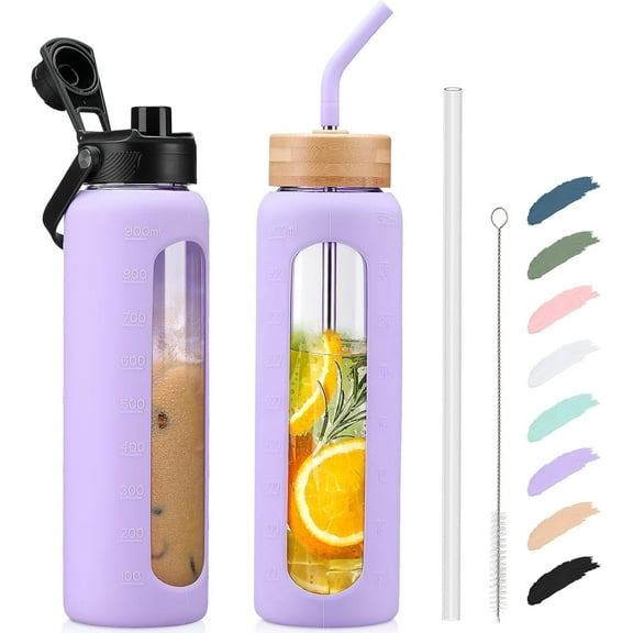 MUKOKO Glass Water Bottle, 24oz Sports Drinking Tumbler with Silicone Sleeve and Straw, 1 Cup 2 Lids, Purple