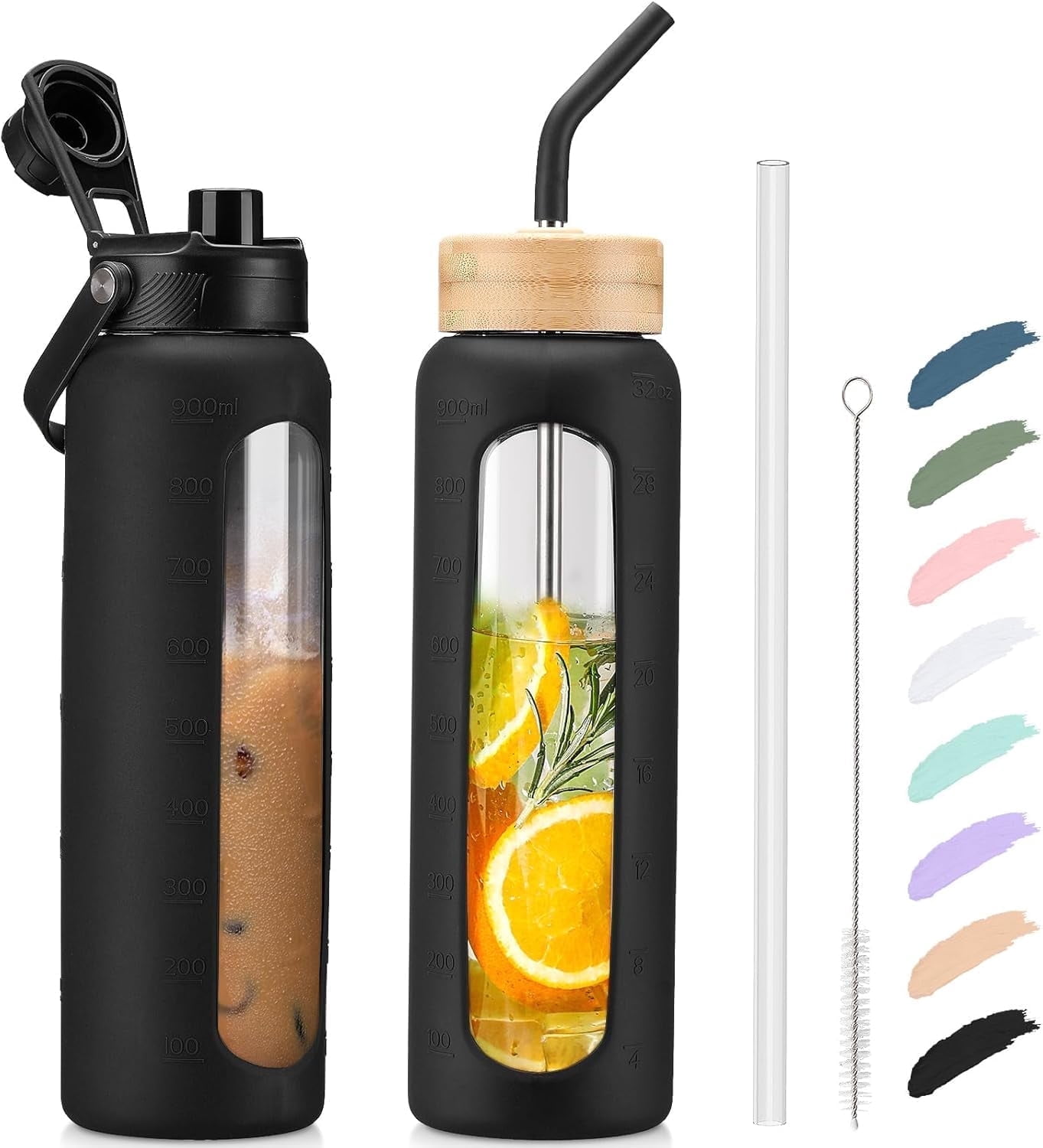 MUKOKO Glass Water Bottle, 32oz Sports Drinking Tumbler with Silicone Sleeve and Straw, 1 Cup 2 Lids, Black