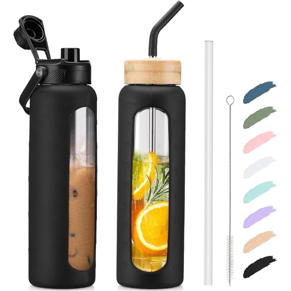 MUKOKO Glass Water Bottle, 32oz Sports Drinking Tumbler with Silicone Sleeve and Straw, 1 Cup 2 Lids, Black