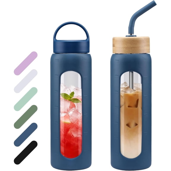 MUKOKO Glass Water Bottle, 32oz Sports Drinking Tumbler with Silicone Sleeve and Straw, 1 Cup 2 Lids, Blue