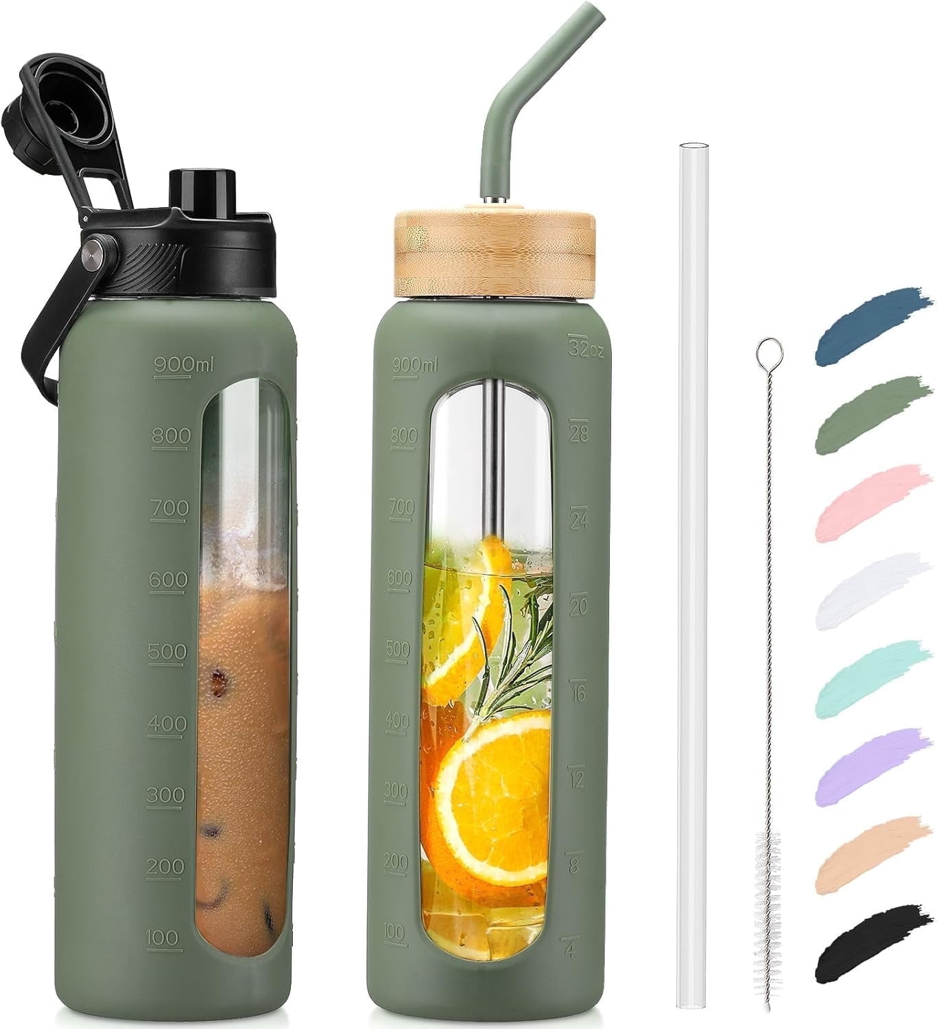 MUKOKO Glass Water Bottle, 32oz Sports Drinking Tumbler with Silicone Sleeve and Straw, 1 Cup 2 Lids, Olive