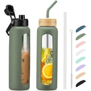 MUKOKO Glass Water Bottle, 32oz Sports Drinking Tumbler with Silicone Sleeve and Straw, 1 Cup 2 Lids, Olive