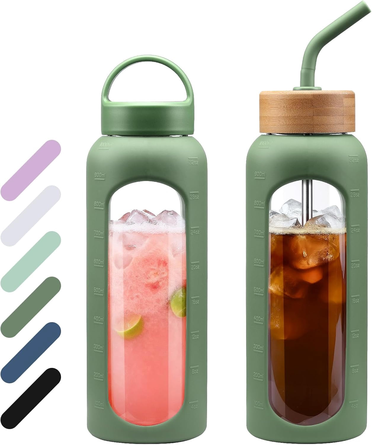 MUKOKO Glass Water Bottle, 32oz Sports Drinking Tumbler with Silicone Sleeve and Straw, 1 Cup 2 Lids, Olive