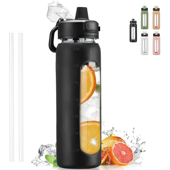 MUKOKO Water Bottle, 24oz Glass Drinking Bottle with Straw, Motivational Water Bottle with Leak Proof Locking Lid , Travel Sports Water Jug with Water Marker, Black