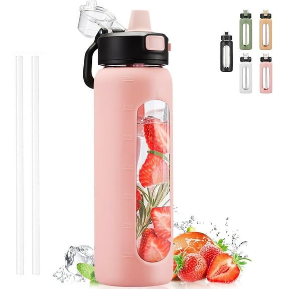 MUKOKO Water Bottle, 24oz Glass Drinking Bottle with Straw, Motivational Water Bottle with Leak Proof Locking Lid , Travel Sports Water Jug with Water Marker, Pink