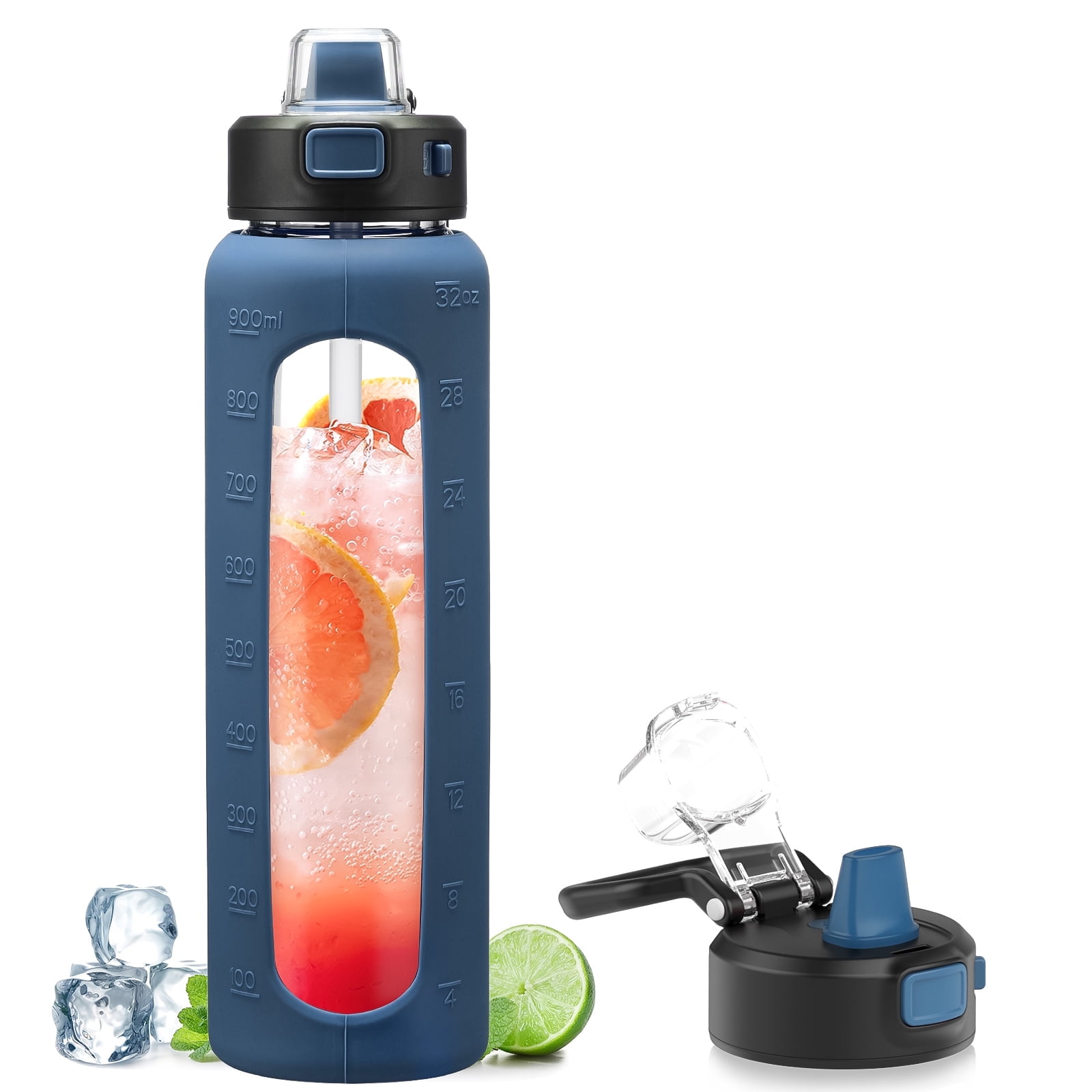 MUKOKO Water Bottle, 32oz Glass Drinking Bottle with Straw, Motivational Water Bottle with Leak Proof Locking Lid , Travel Sports Water Jug with Water Marker, Navy Blue