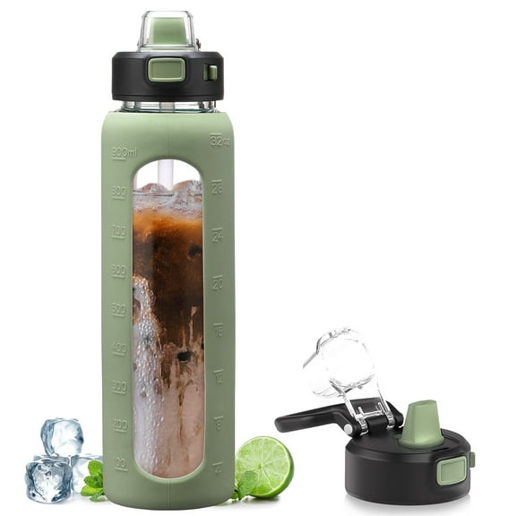 MUKOKO Water Bottle, 32oz Glass Drinking Bottle with Straw, Motivational Water Bottle with Leak Proof Locking Lid , Travel Sports Water Jug with Water Marker, Olive