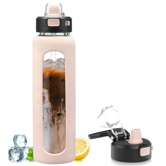 MUKOKO Water Bottle, 32oz Glass Drinking Bottle with Straw, Motivational Water Bottle with Leak Proof Locking Lid , Travel Sports Water Jug with Water Marker, Pink