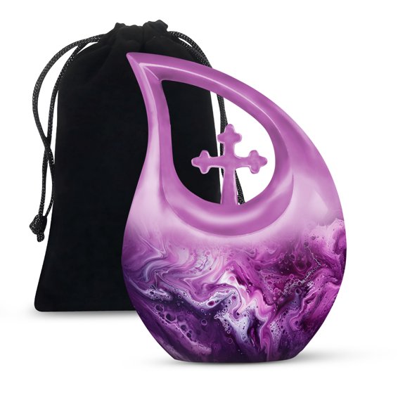 MUKTIVE Abstract Cremation Large Urn for Ashes Adult Male & Female - Cross Drop Funeral Burial Urns for Adult Human Ashes - Remembrance Gift for Loss - Purple Cremains Containers (10 Inch)